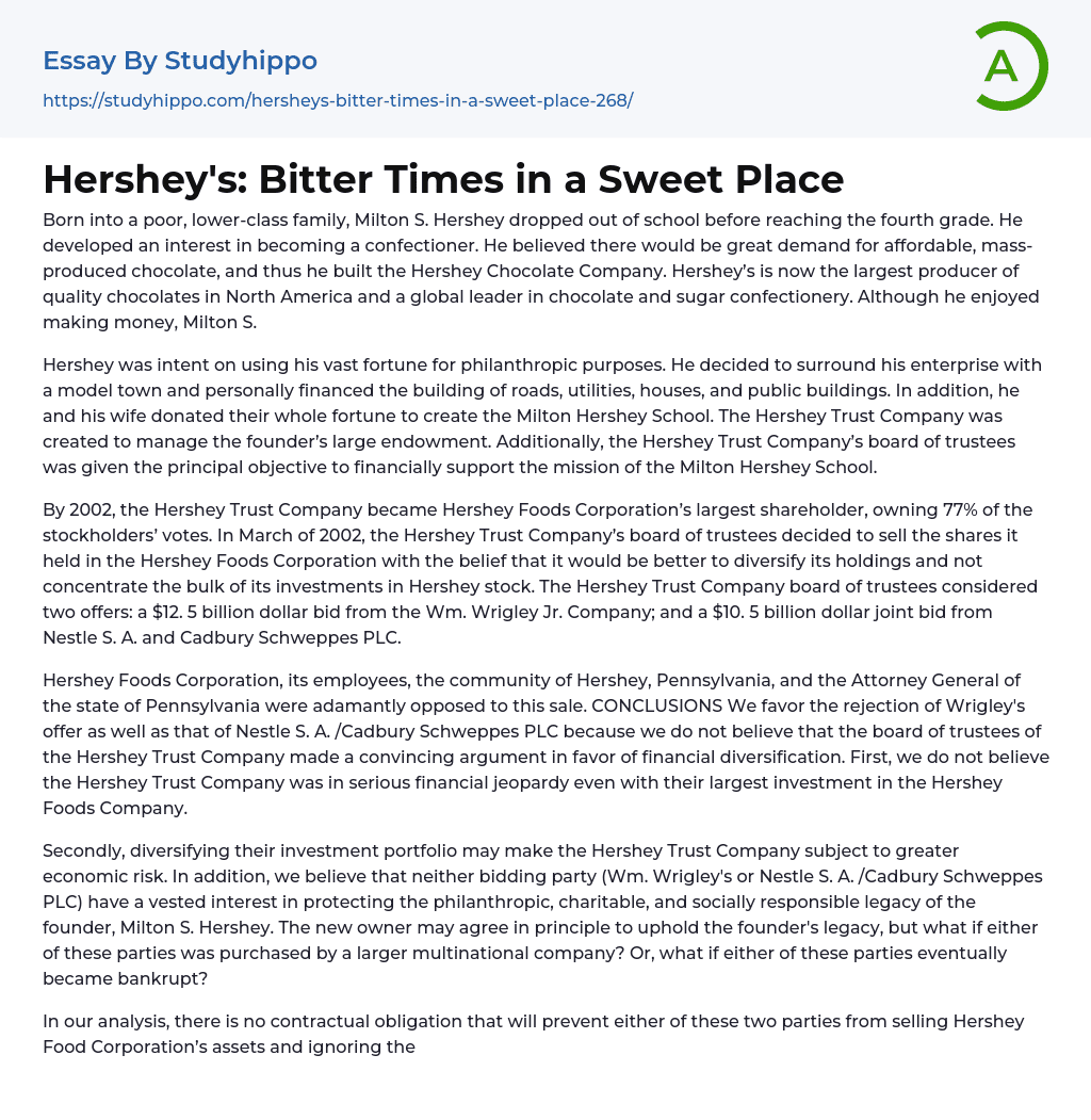 Hershey’s: Bitter Times in a Sweet Place Essay Example