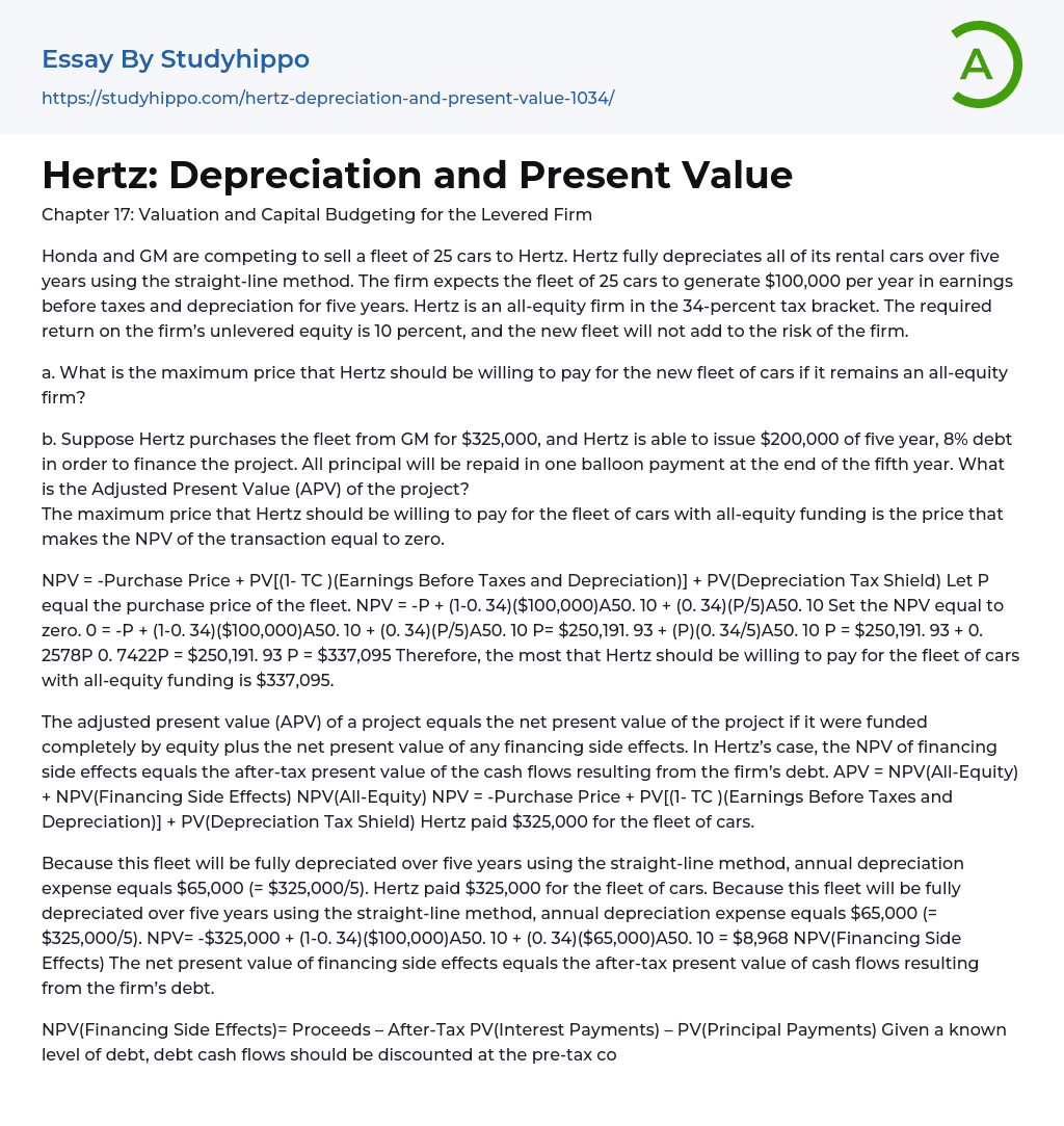 Hertz: Depreciation and Present Value Essay Example