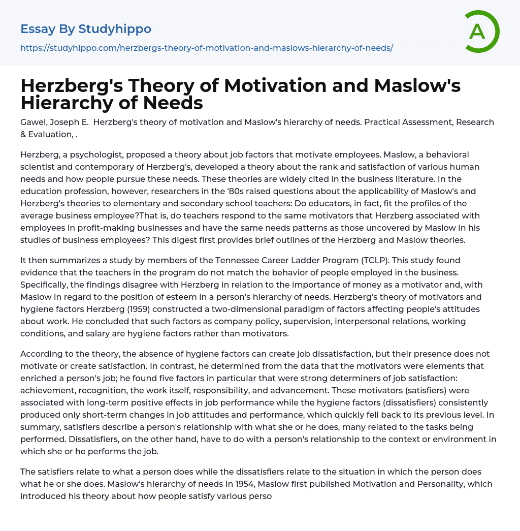 Herzberg’s Theory of Motivation and Maslow’s Hierarchy of Needs Essay Example