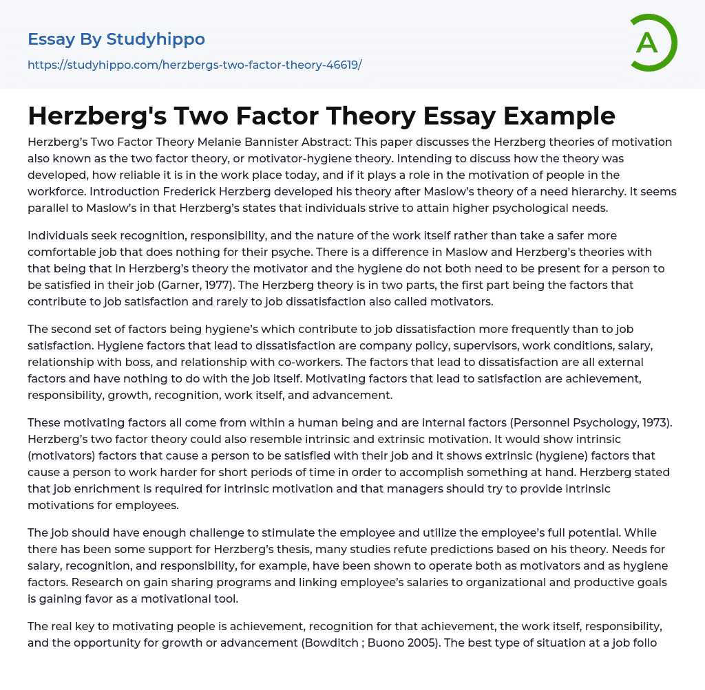 Herzberg’s Two Factor Theory Essay Example