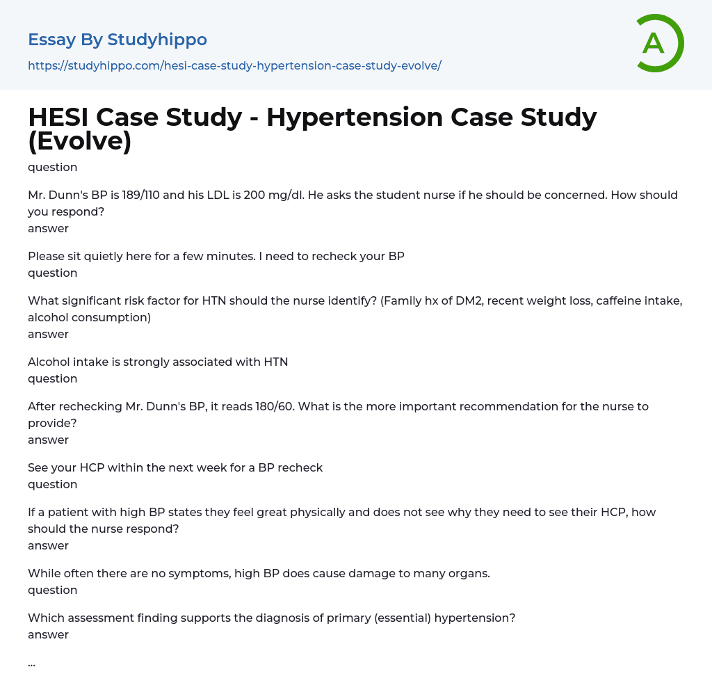 HESI Case Study – Hypertension Case Study (Evolve) Essay Example