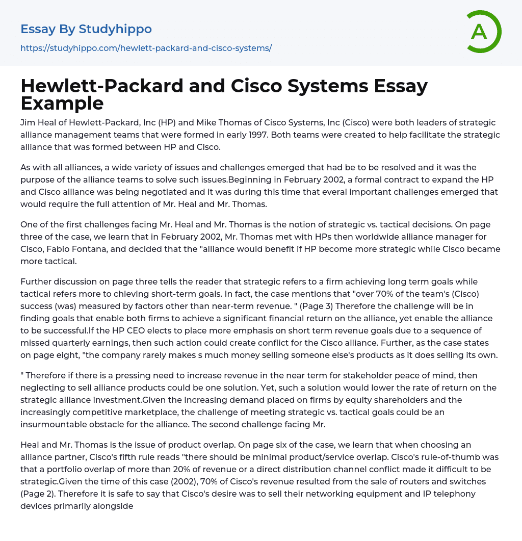 Hewlett-Packard and Cisco Systems Essay Example