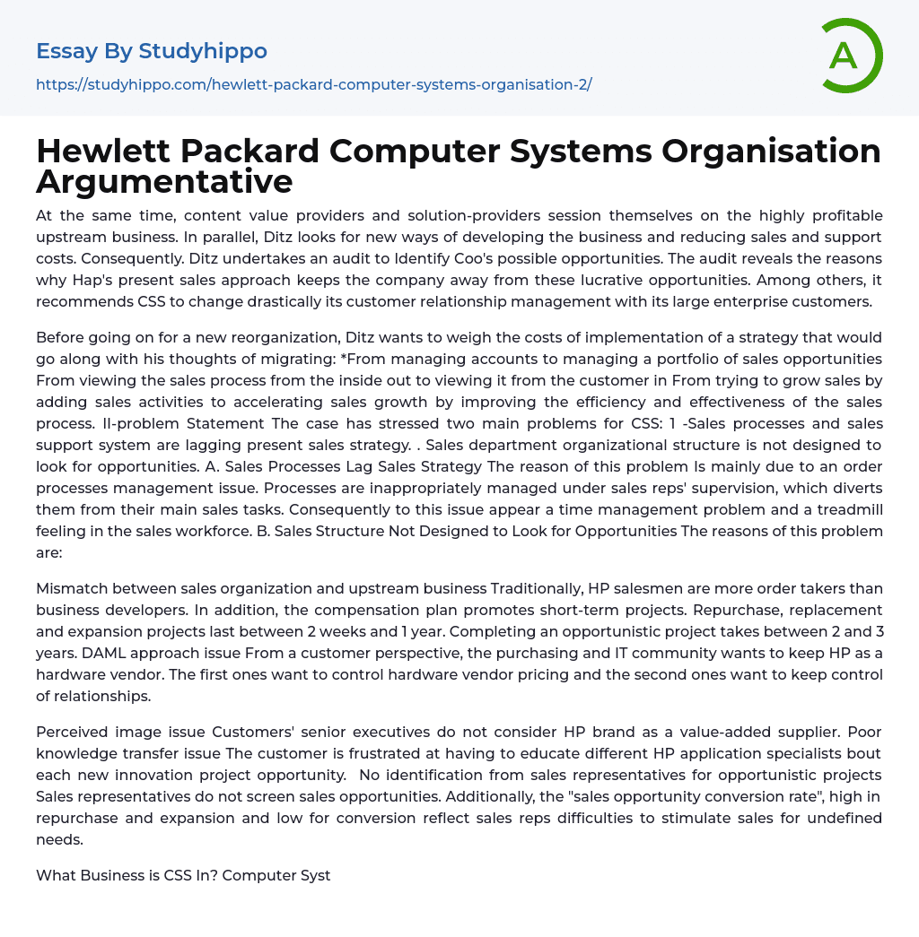 Hewlett Packard Computer Systems Organisation Argumentative Essay Example