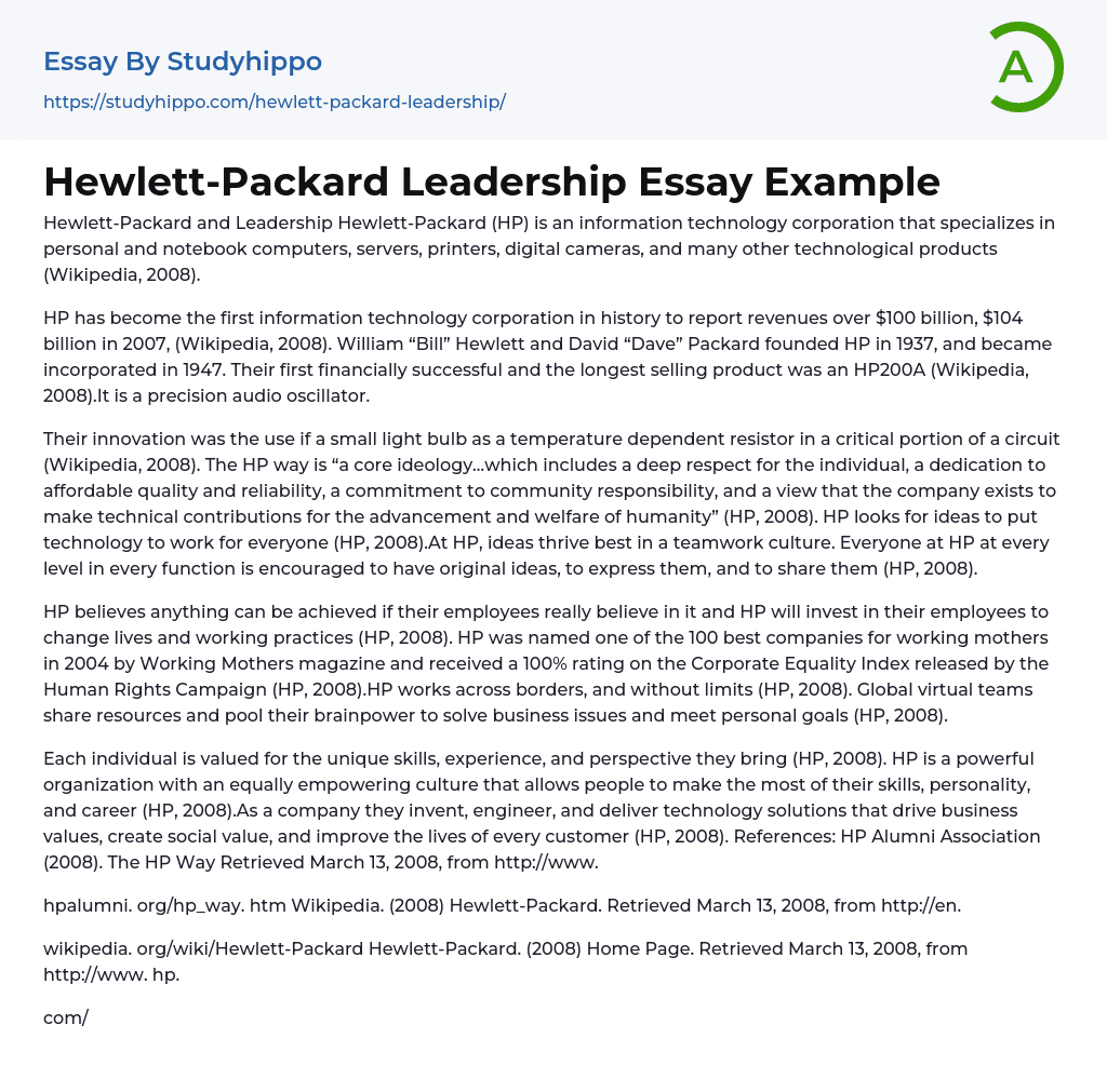 Hewlett-Packard Leadership Essay Example