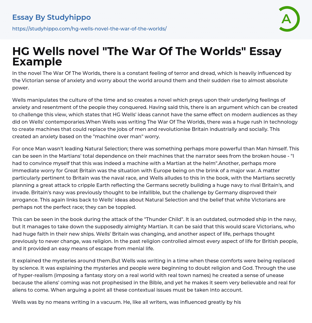 HG Wells novel “The War Of The Worlds” Essay Example