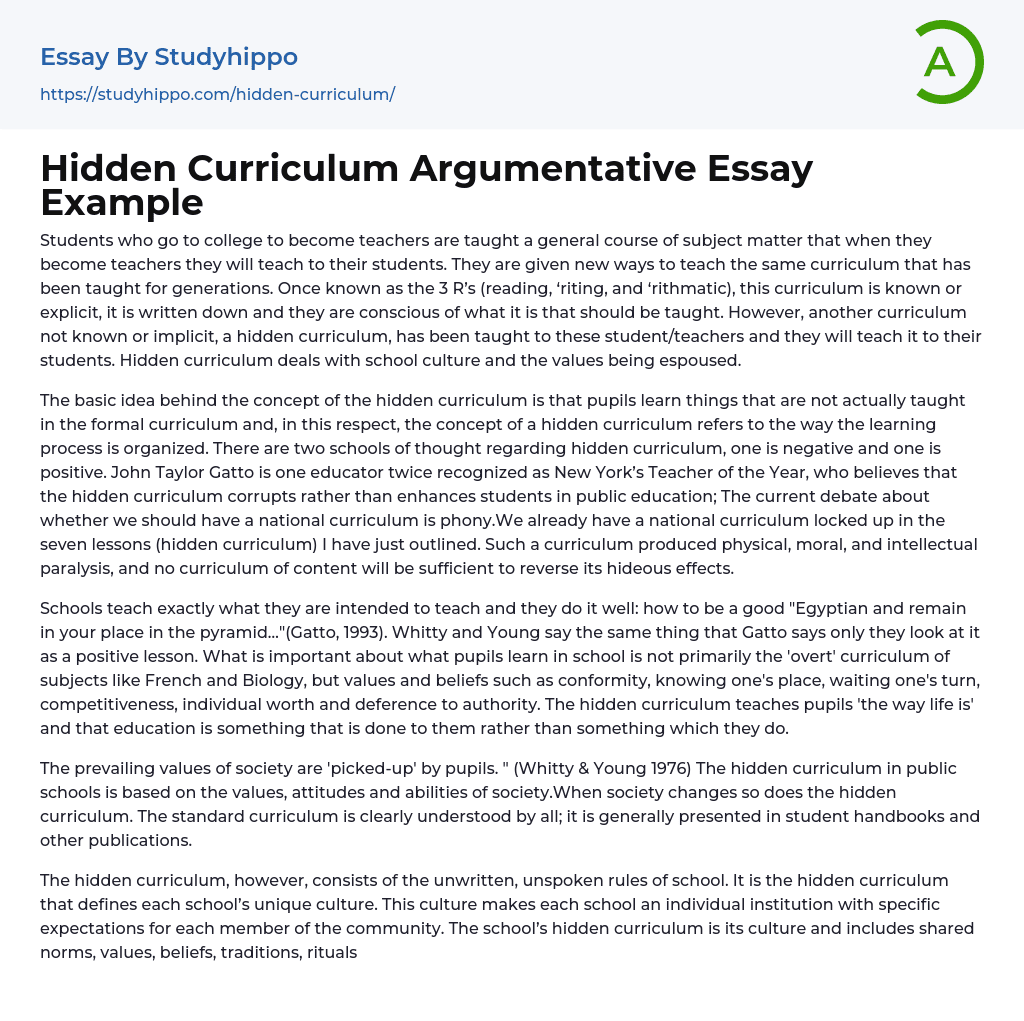 Hidden Curriculum Argumentative Essay Example