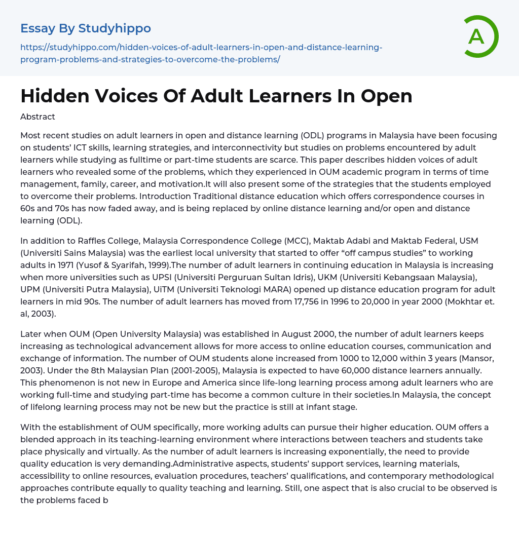 Hidden Voices Of Adult Learners In Open Essay Example