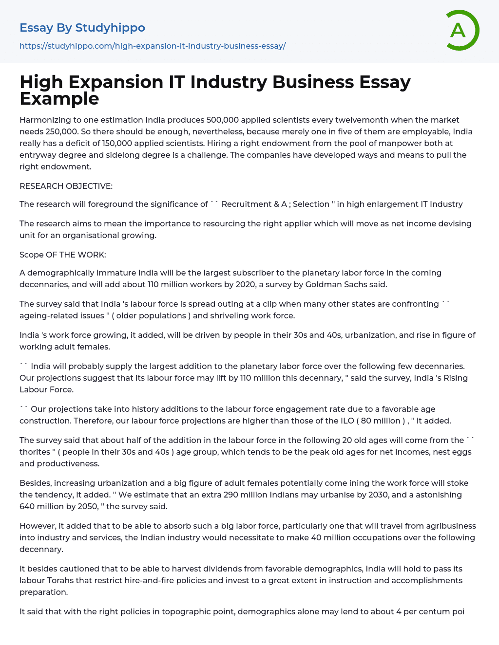 High Expansion IT Industry Business Essay Example