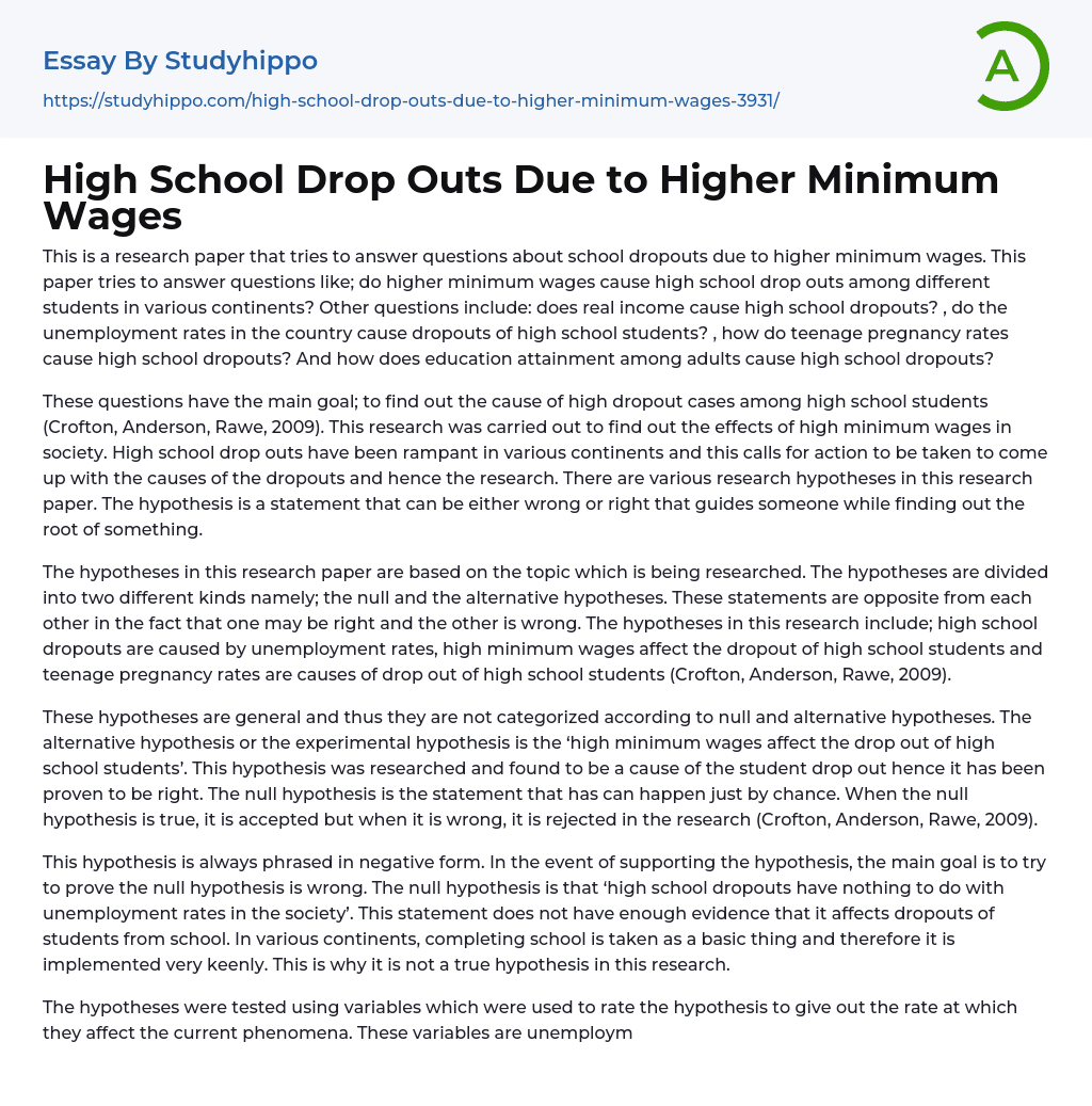High School Drop Outs Due to Higher Minimum Wages Essay Example