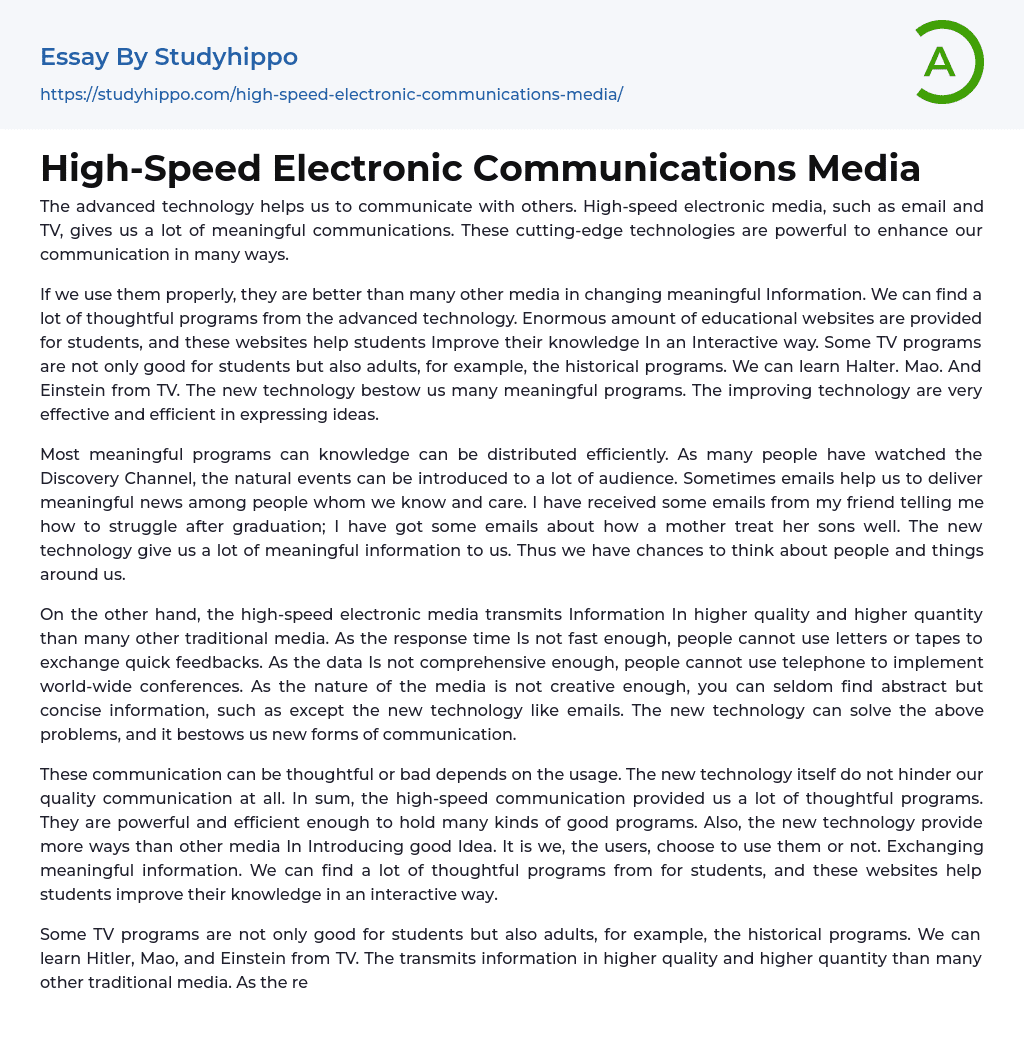High-Speed Electronic Communications Media Essay Example