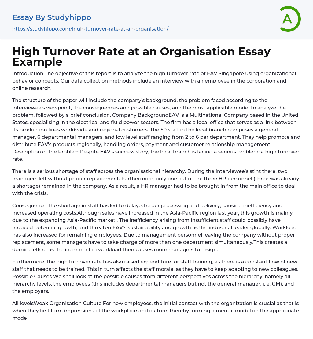 High Turnover Rate at an Organisation Essay Example