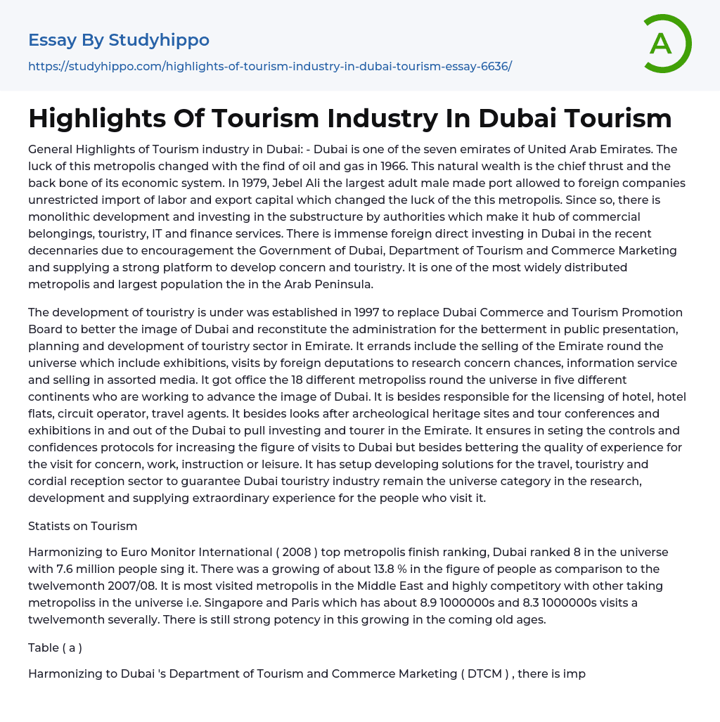 Highlights Of Tourism Industry In Dubai Tourism Essay Example