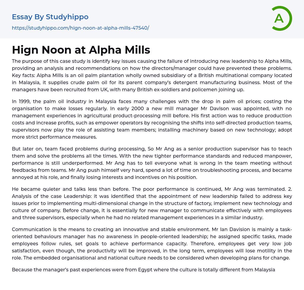 Hign Noon at Alpha Mills Essay Example