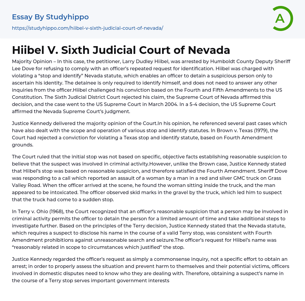 Hiibel V. Sixth Judicial Court of Nevada Essay Example