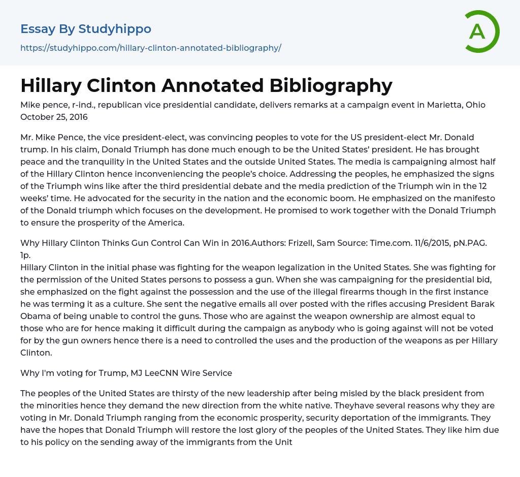 Hillary Clinton Annotated Bibliography Essay Example