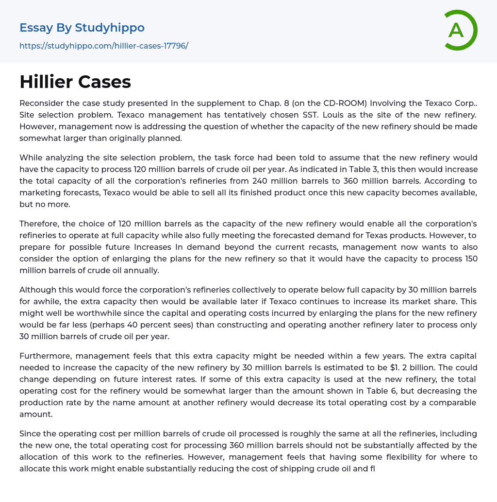 Hillier Cases Essay Example