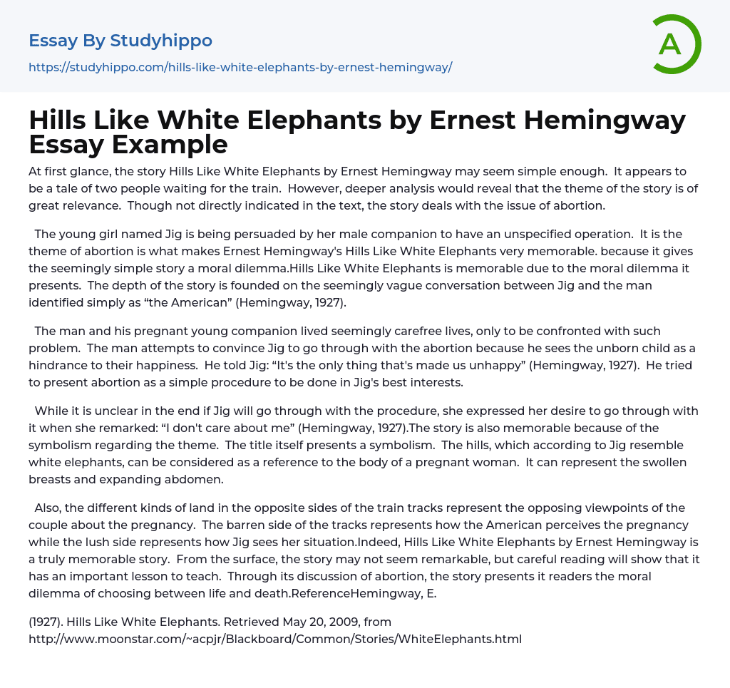 Hills Like White Elephants by Ernest Hemingway Essay Example