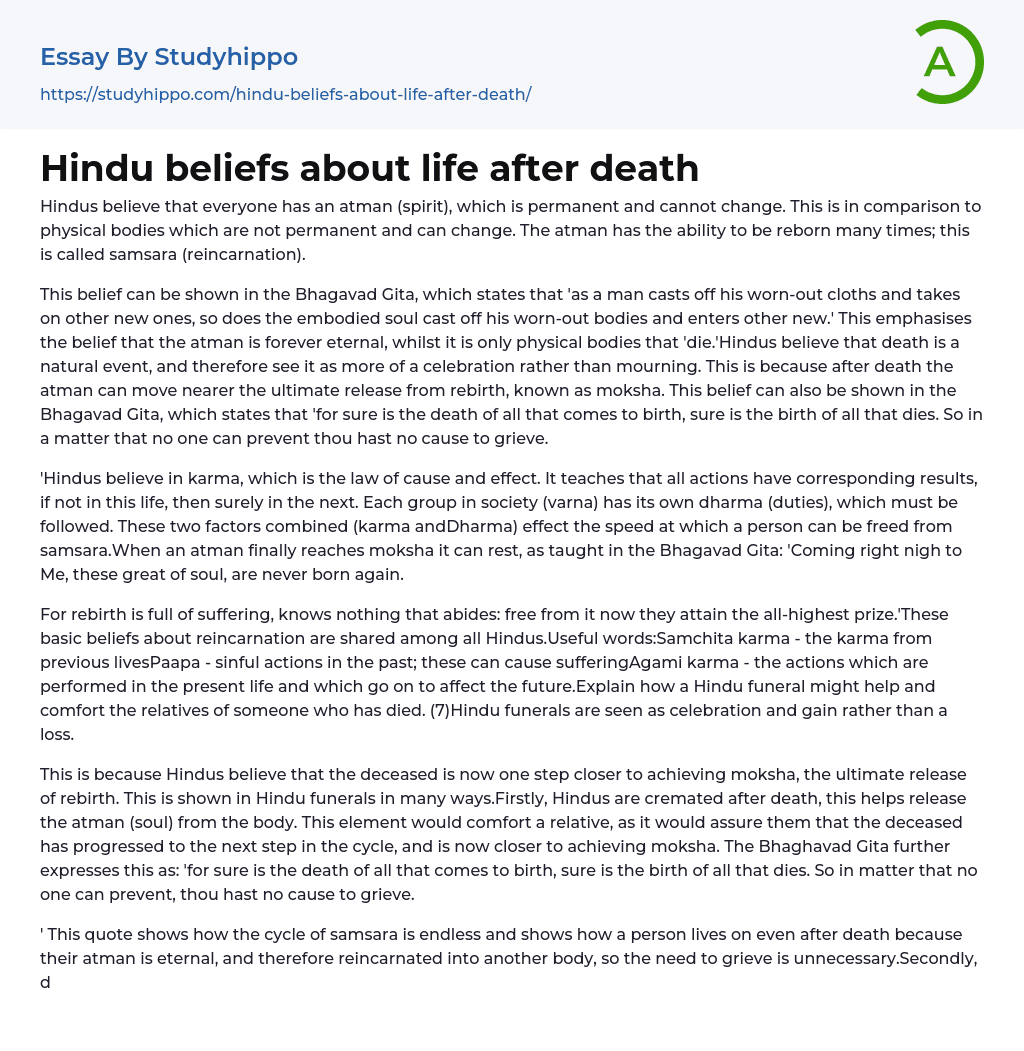 Hindu beliefs about life after death Essay Example