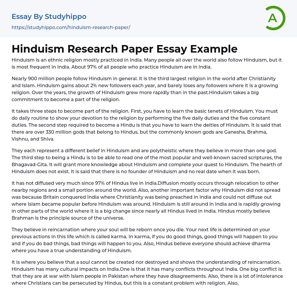 Hinduism Research Paper Essay Example