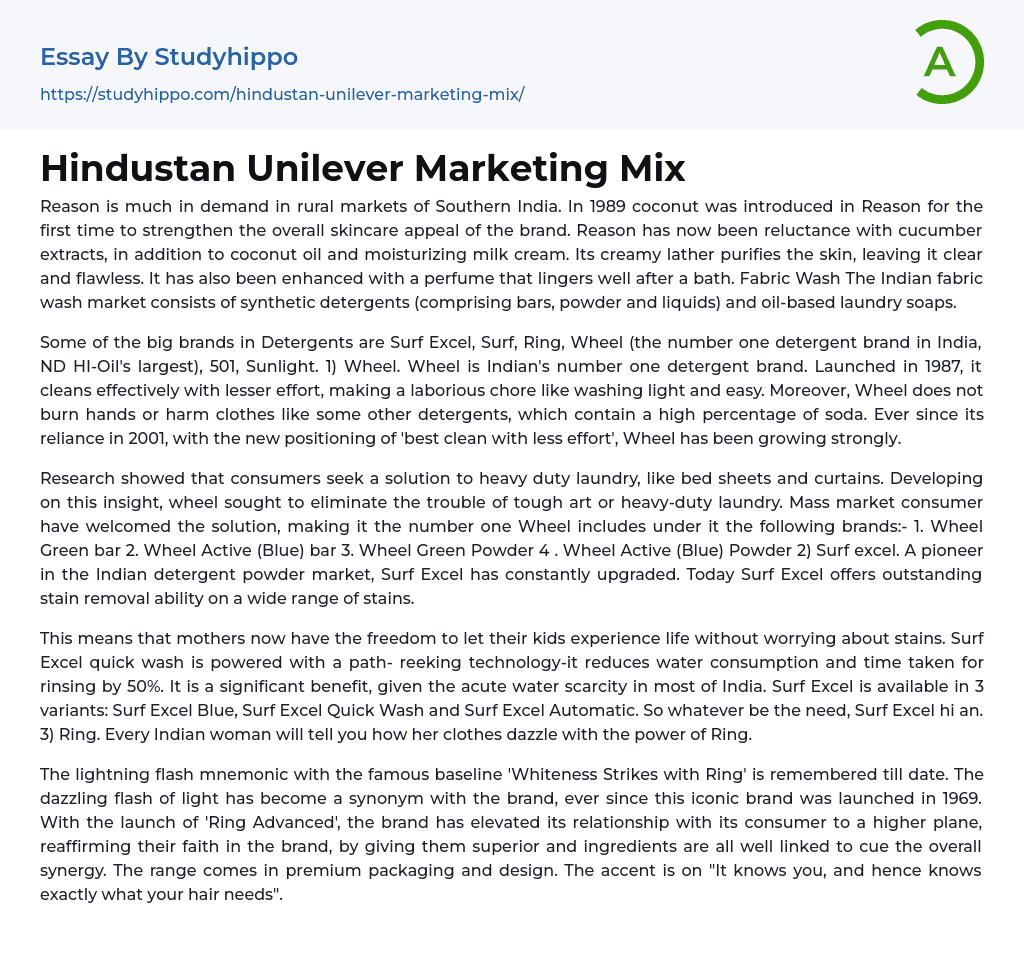 Hindustan Unilever Marketing Mix Essay Example