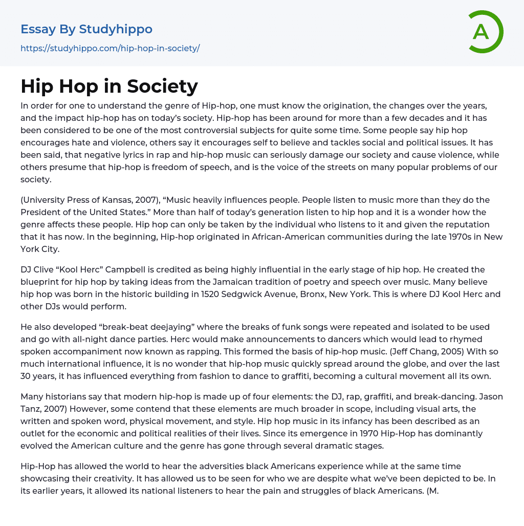 Hip Hop in Society Essay Example