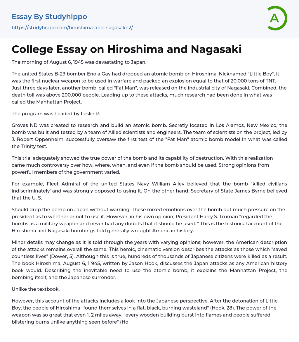 College Essay on Hiroshima and Nagasaki