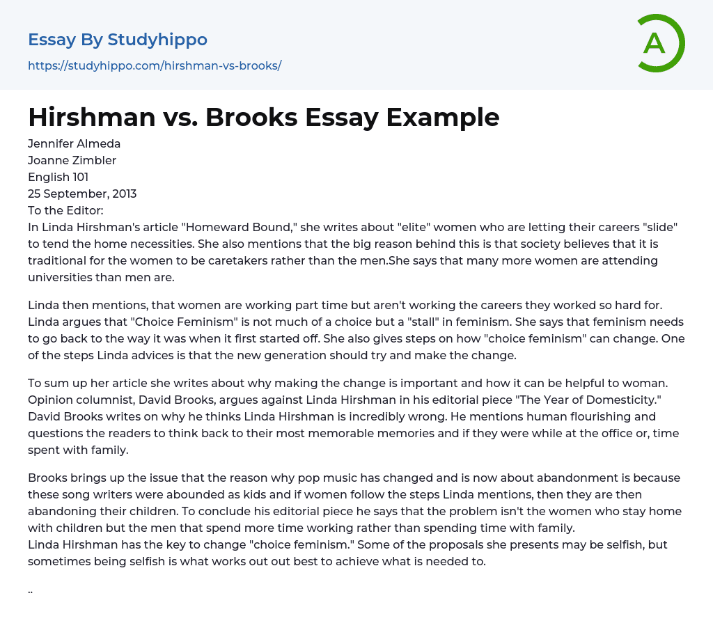 Linda Hirshman vs. David Brooks Essay Example
