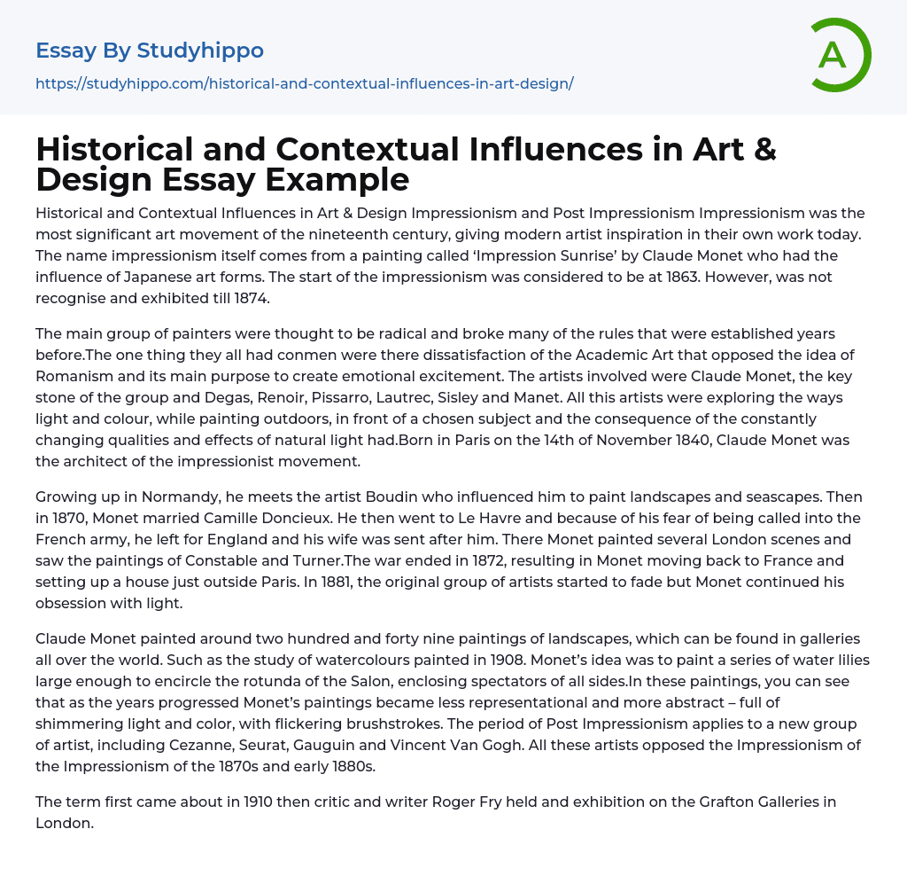 Historical and Contextual Influences in Art & Design Essay Example