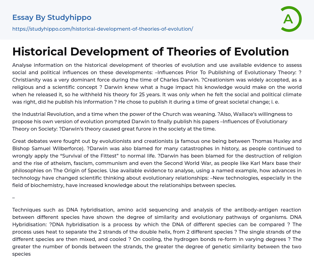 Historical Development of Theories of Evolution Essay Example
