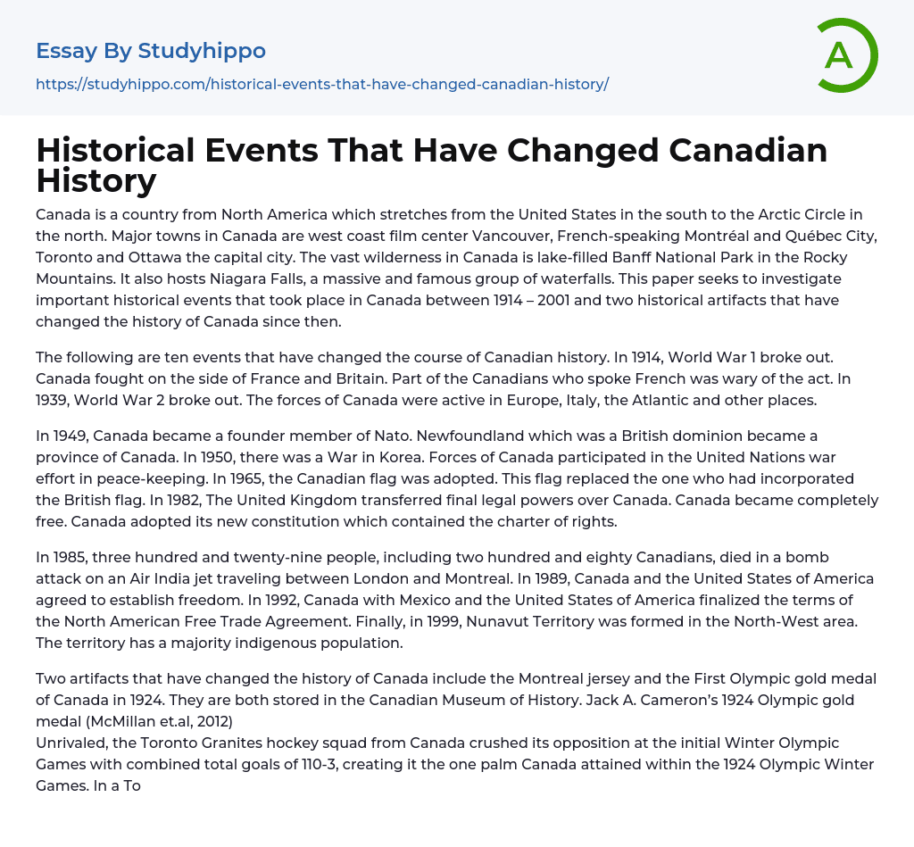 Historical Events That Have Changed Canadian History Essay Example