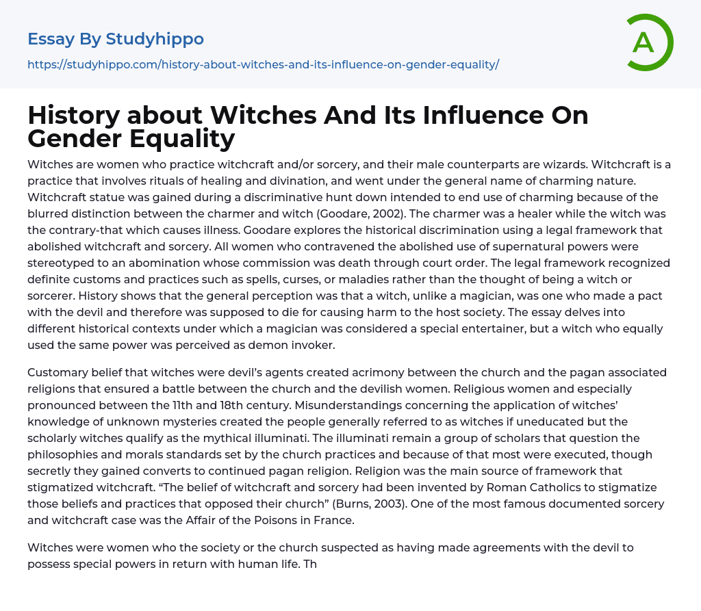 History about Witches And Its Influence On Gender Equality Essay Example