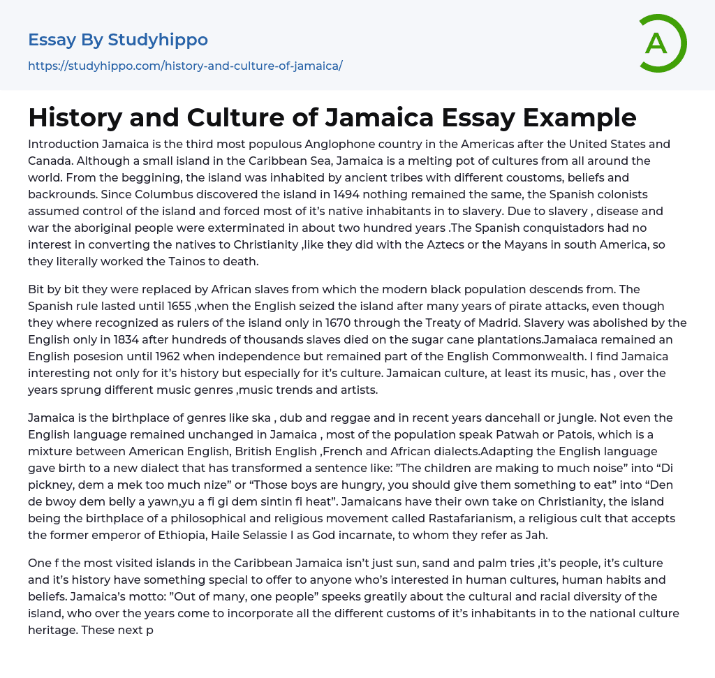 History and Culture of Jamaica Essay Example