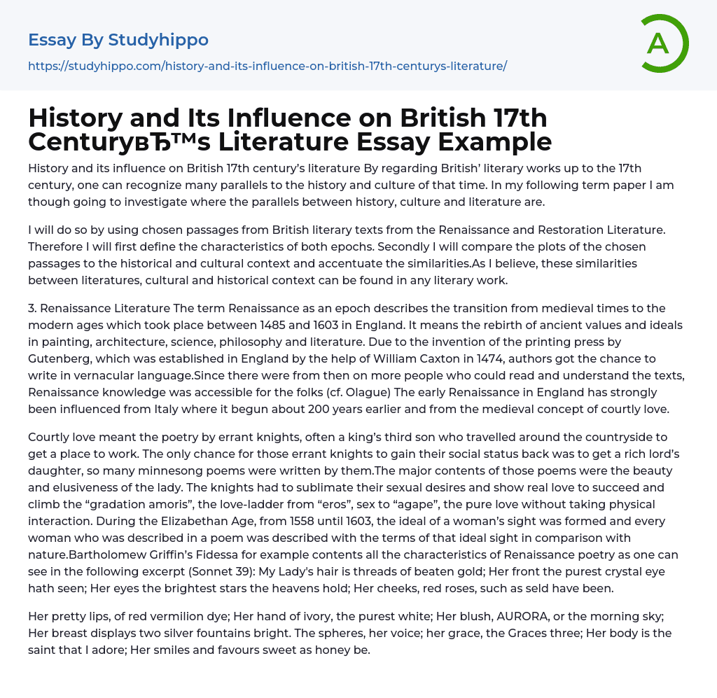 History and Its Influence on British 17th Century’s Literature Essay Example