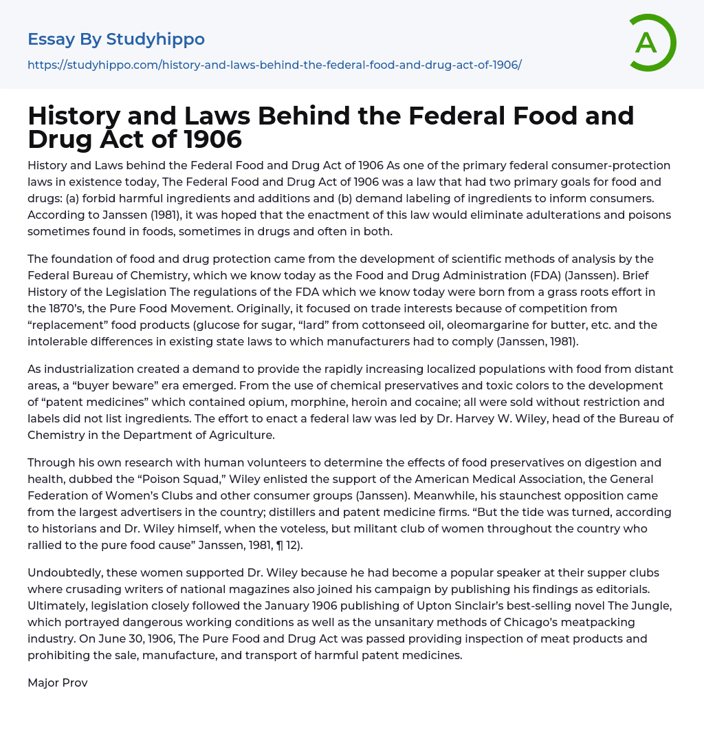 History and Laws Behind the Federal Food and Drug Act of 1906 Essay Example