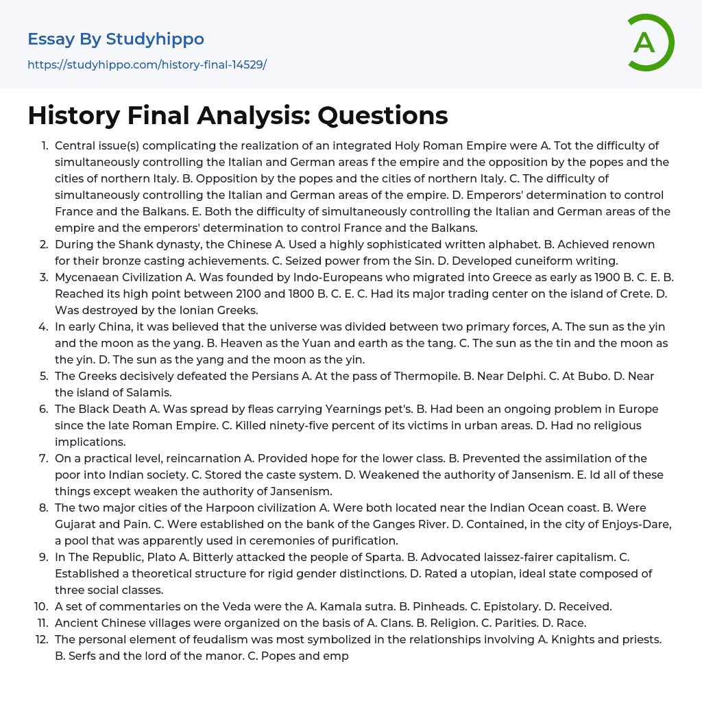 History Final Analysis: Questions Essay Example