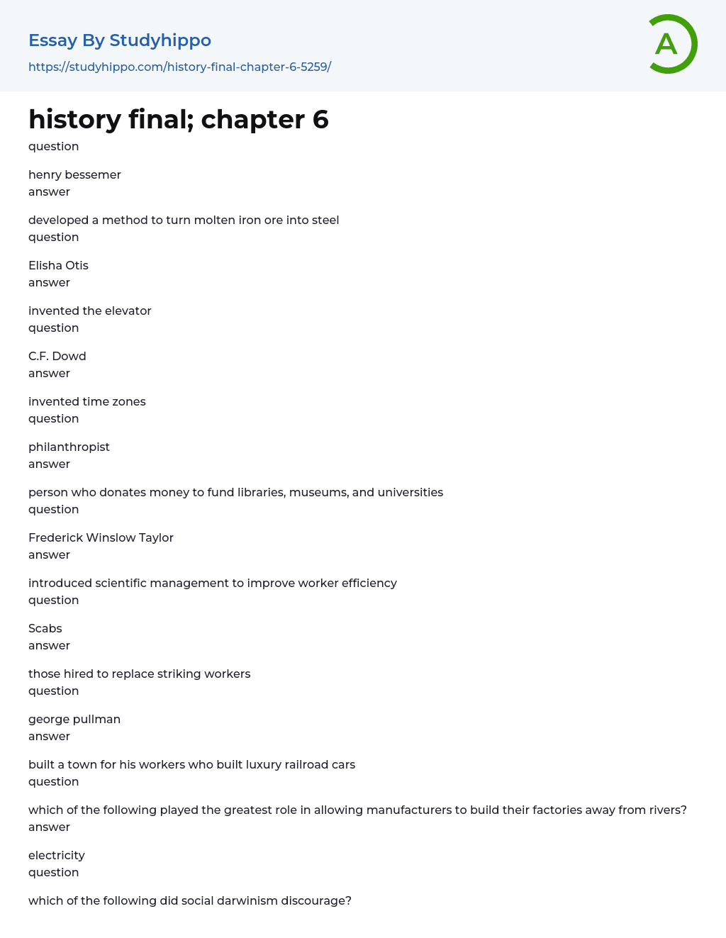 history final; chapter 6 Essay Example