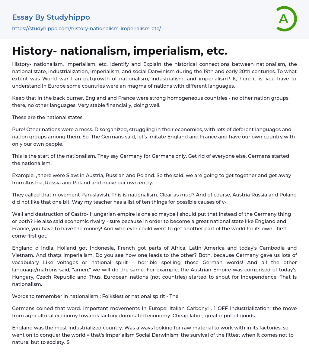 History- nationalism, imperialism, etc. Essay Example