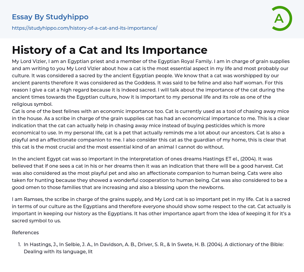 History of a Cat and Its Importance Essay Example