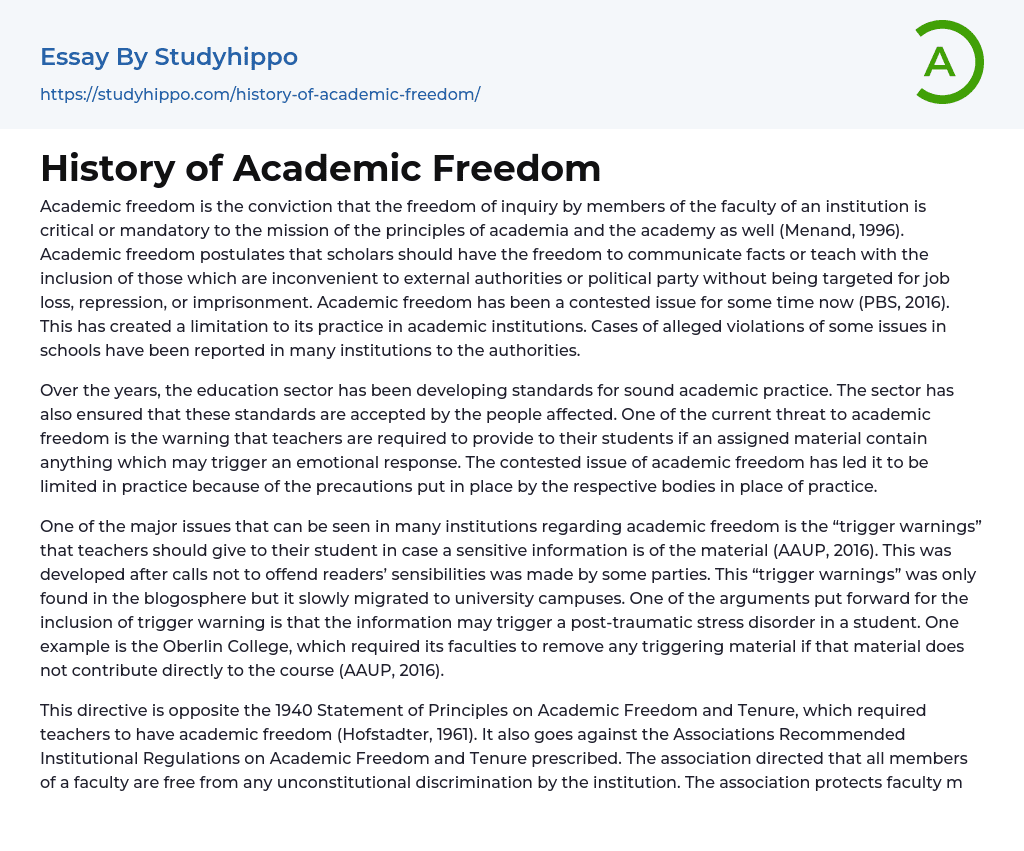 History of Academic Freedom Essay Example