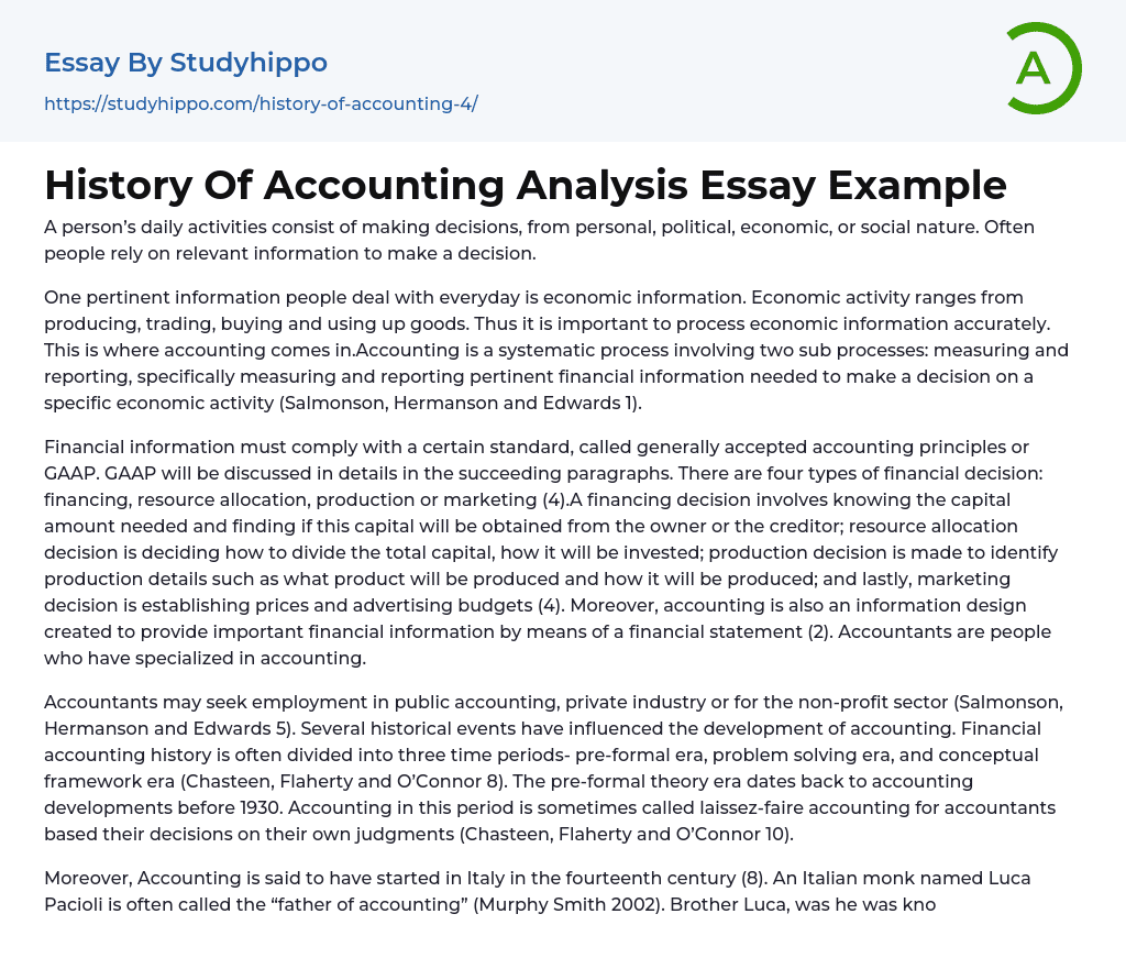 History Of Accounting Analysis Essay Example