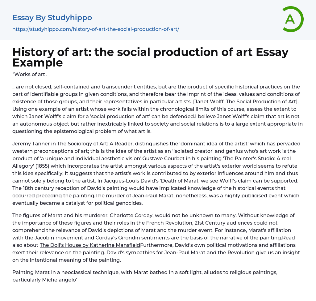History of art: the social production of art Essay Example