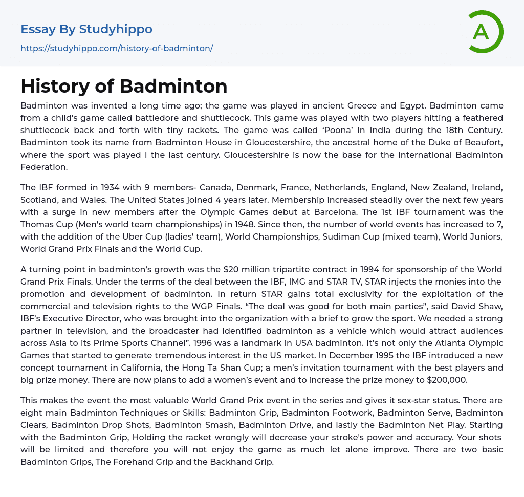 History of Badminton Essay Example