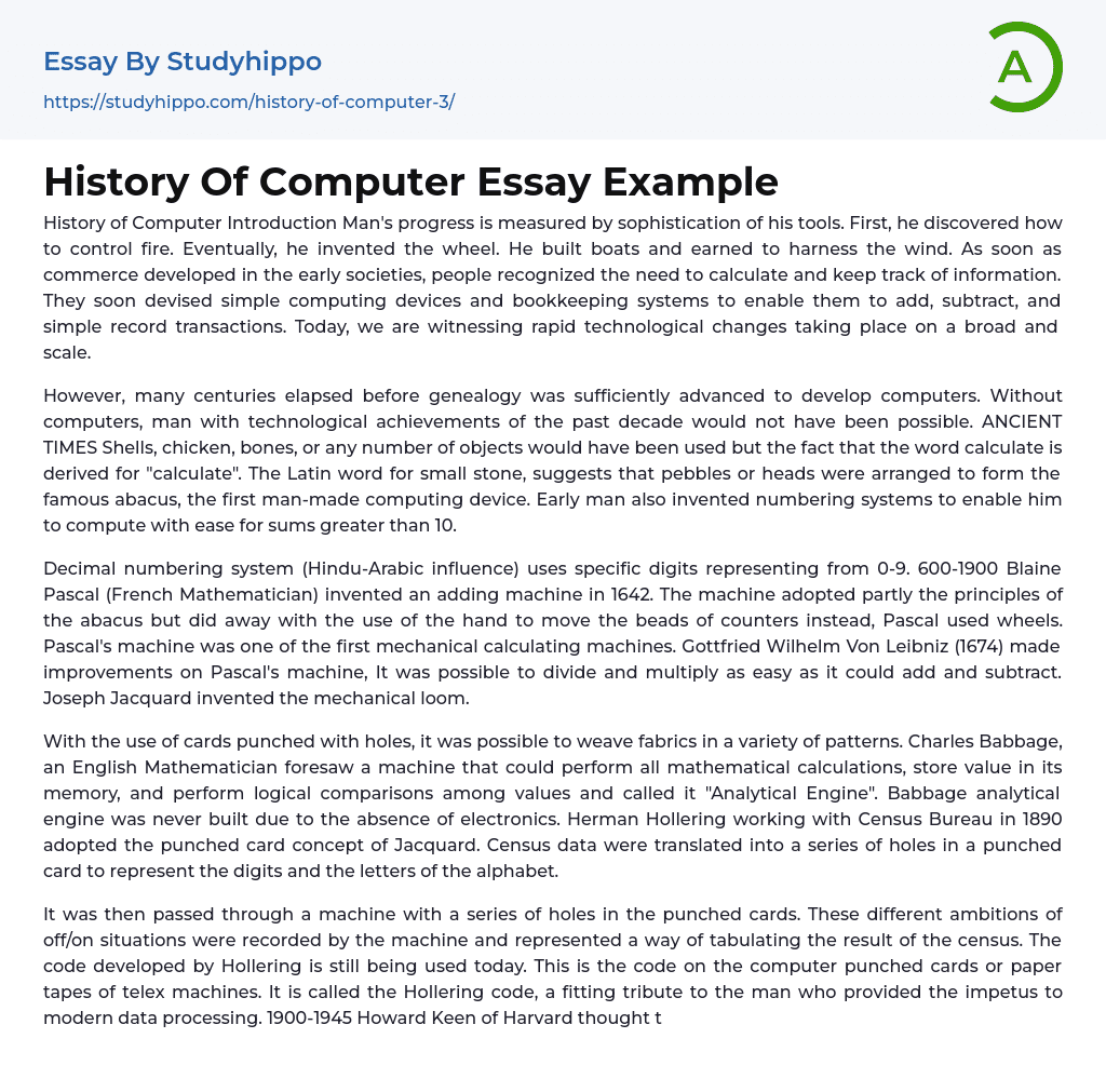 History Of Computer Essay Example