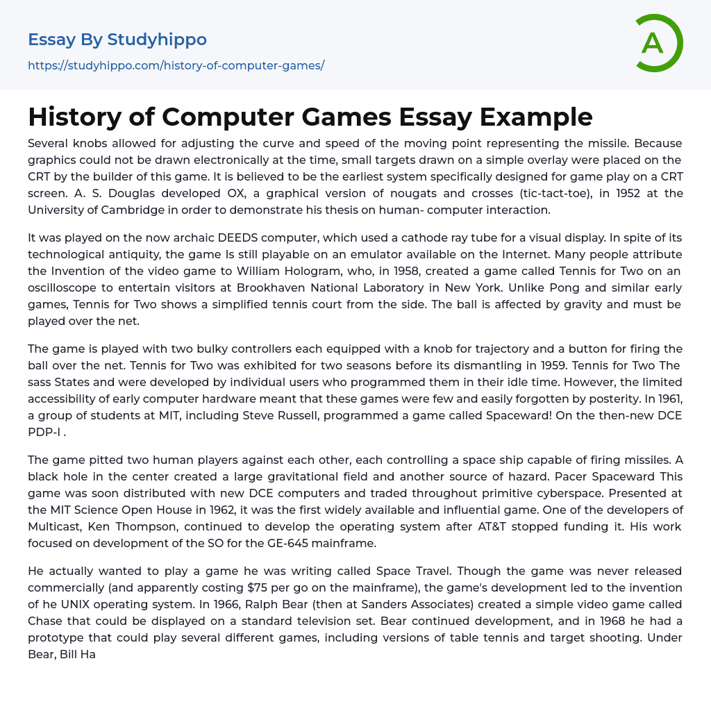 History of Computer Games Essay Example