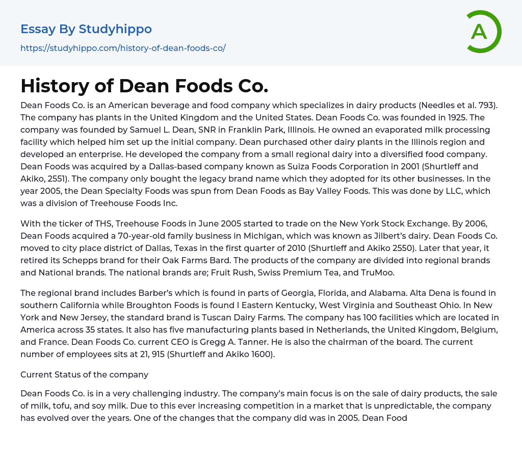 History of Dean Foods Co. Essay Example