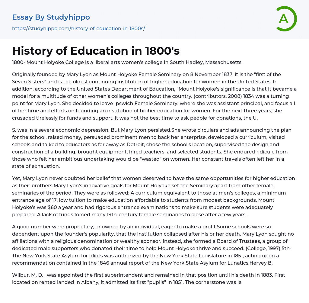 History of Education in 1800’s Essay Example