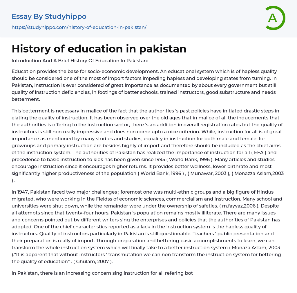 History of education in pakistan Essay Example