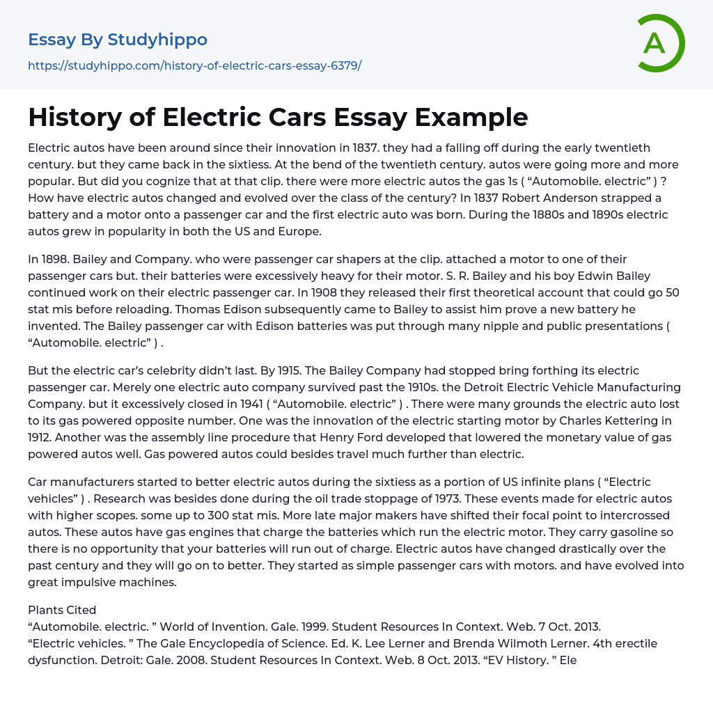 History of Electric Cars Essay Example