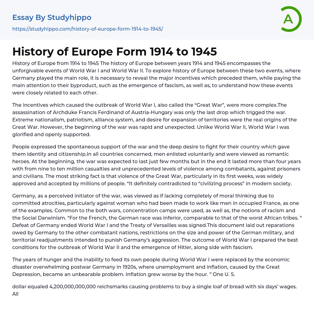 History of Europe Form 1914 to 1945 Essay Example