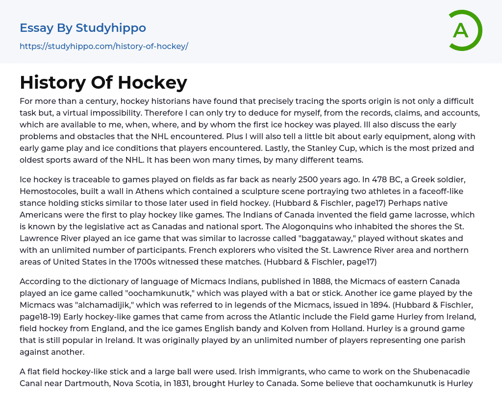 History Of Hockey Essay Example
